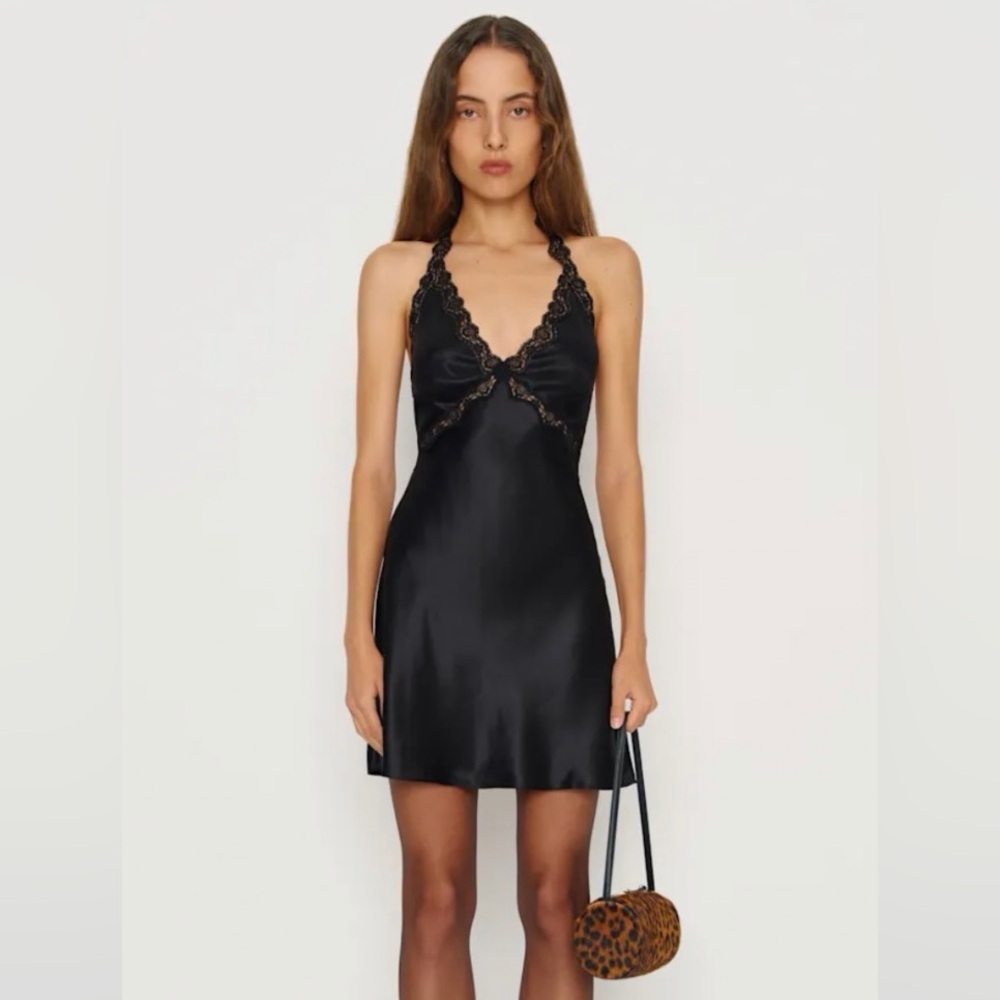 Monica Silk Dress Reformation Black Chemise with Lace Detail